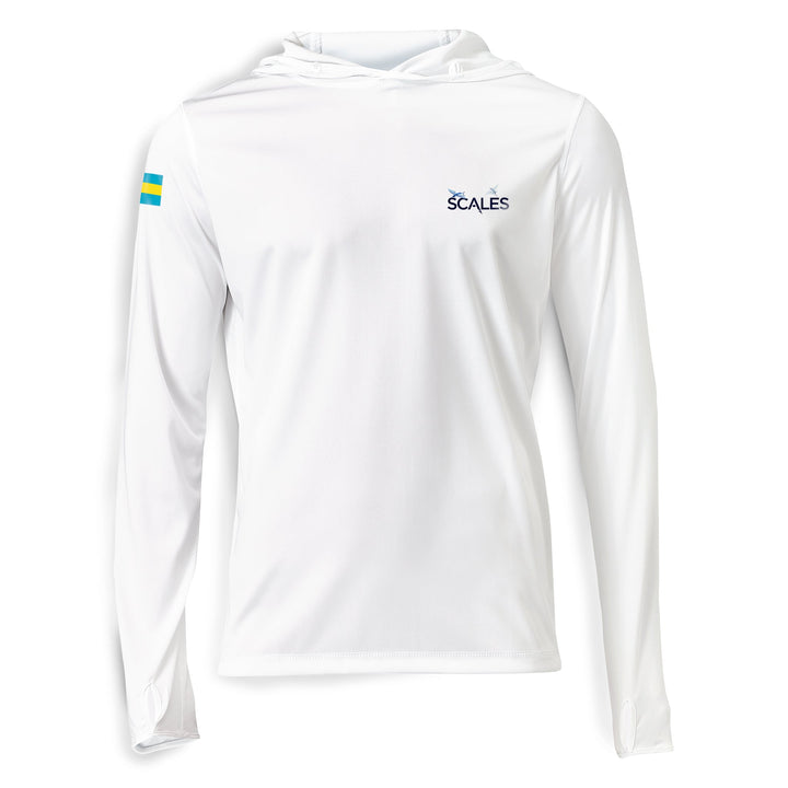 White Scalesgear Tuna Frenzy hooded long sleeve performance shirt with a hood and long sleeves, designed for active wear.