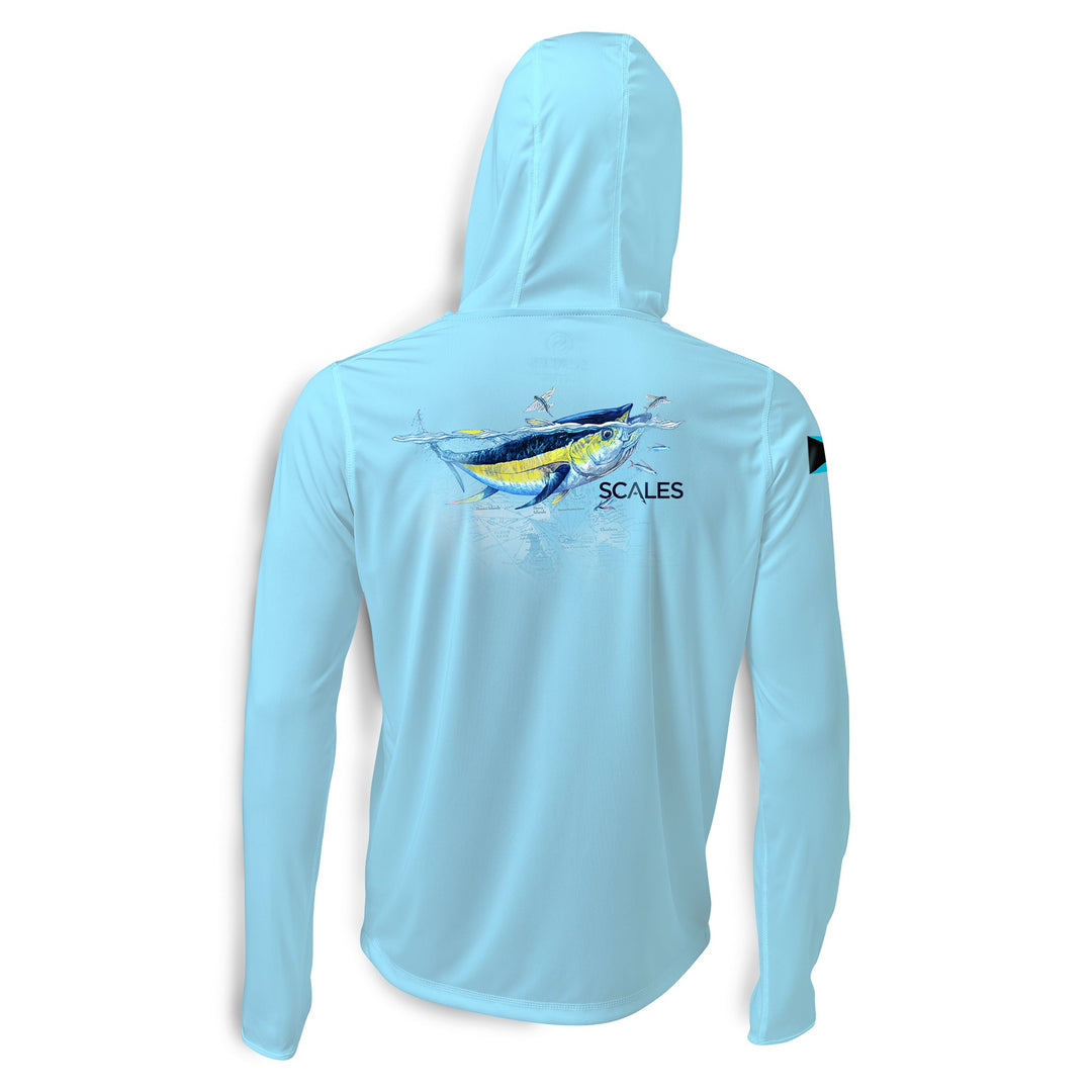 Blue hooded long sleeve performance shirt by Scalesgear.com, featuring a sleek design suitable for active wear.
