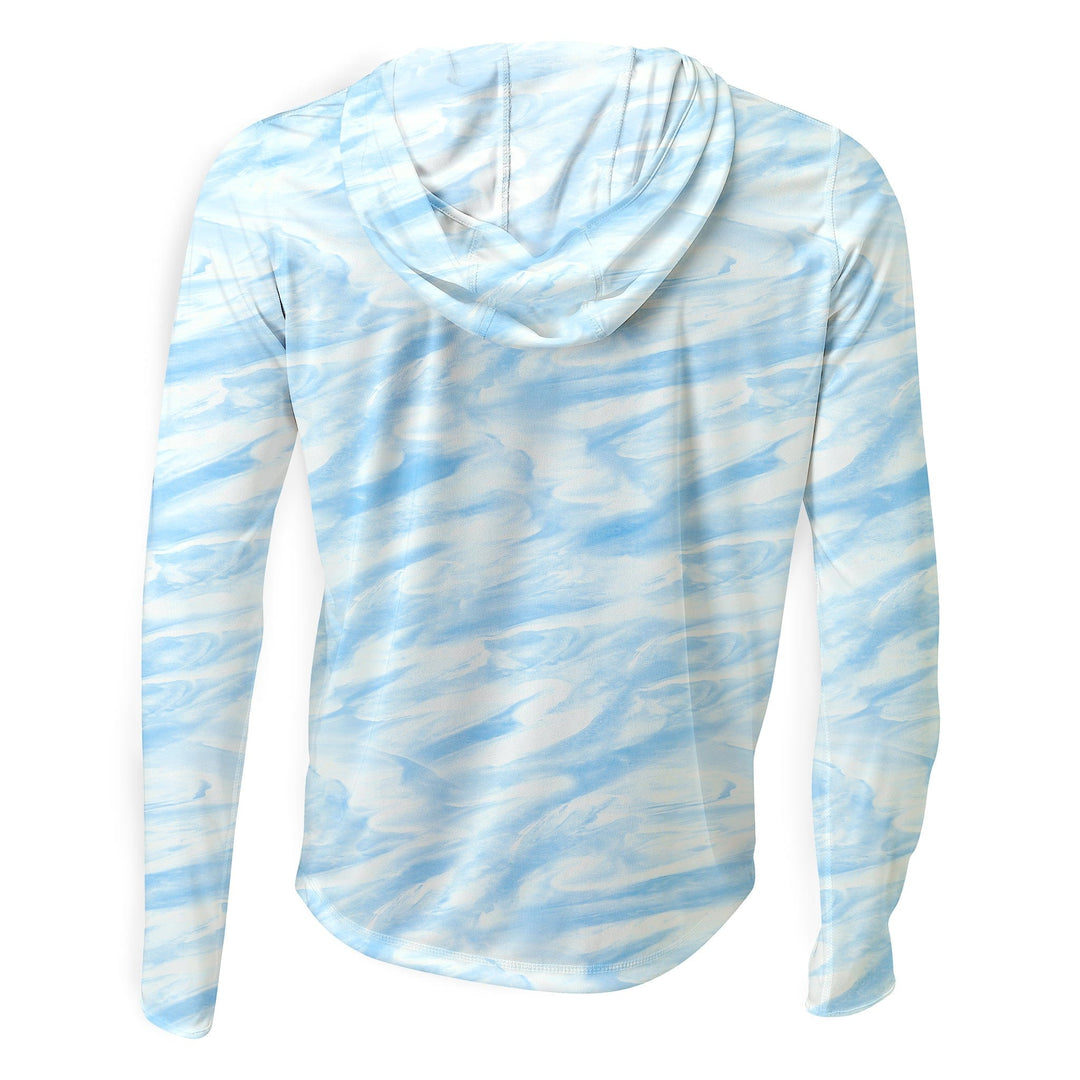 Powder blue Scalesgear Bahamas Current Hooded Performance Long Sleeve shirt displayed on a hanger.