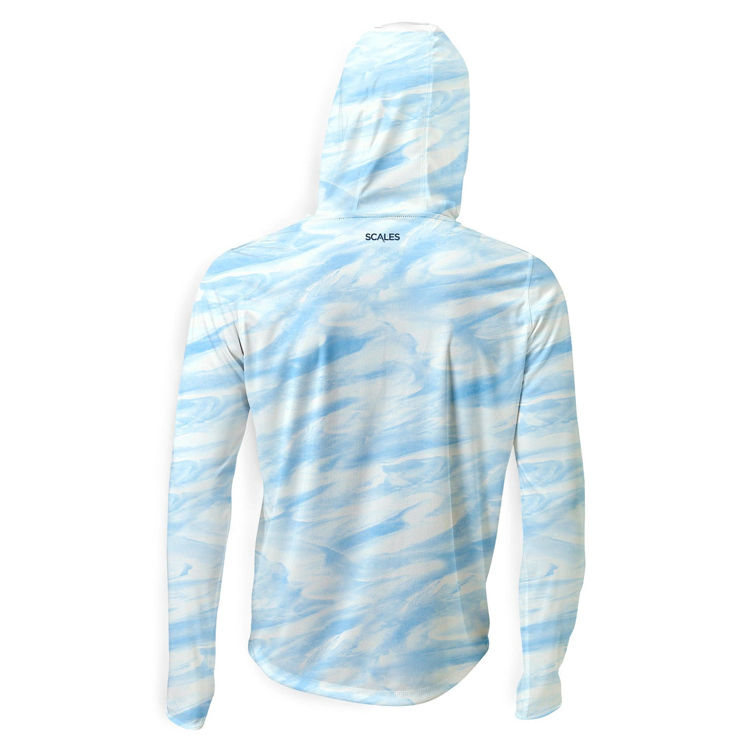 Powder blue Scalesgear Bahamas Current Hooded Performance Long Sleeve shirt displayed on hanger.