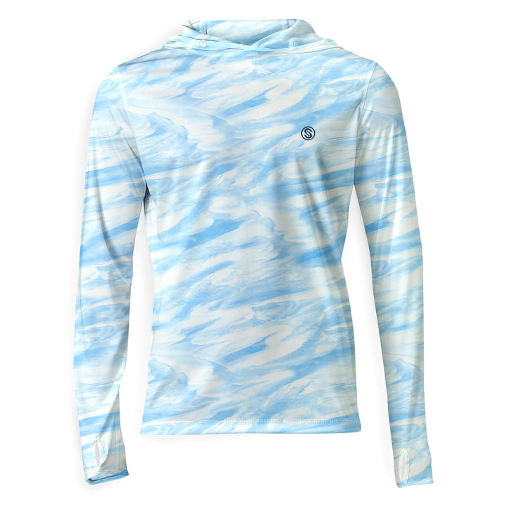 Bahamas Current Hooded Performance Long Sleeve shirt in powder blue by Scalesgear.com, featuring a comfortable hood and long sleeves.