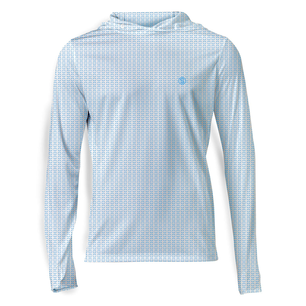 White nautical sail hooded performance long sleeve shirt by Scalesgear.com with coral accents and sail-inspired design.