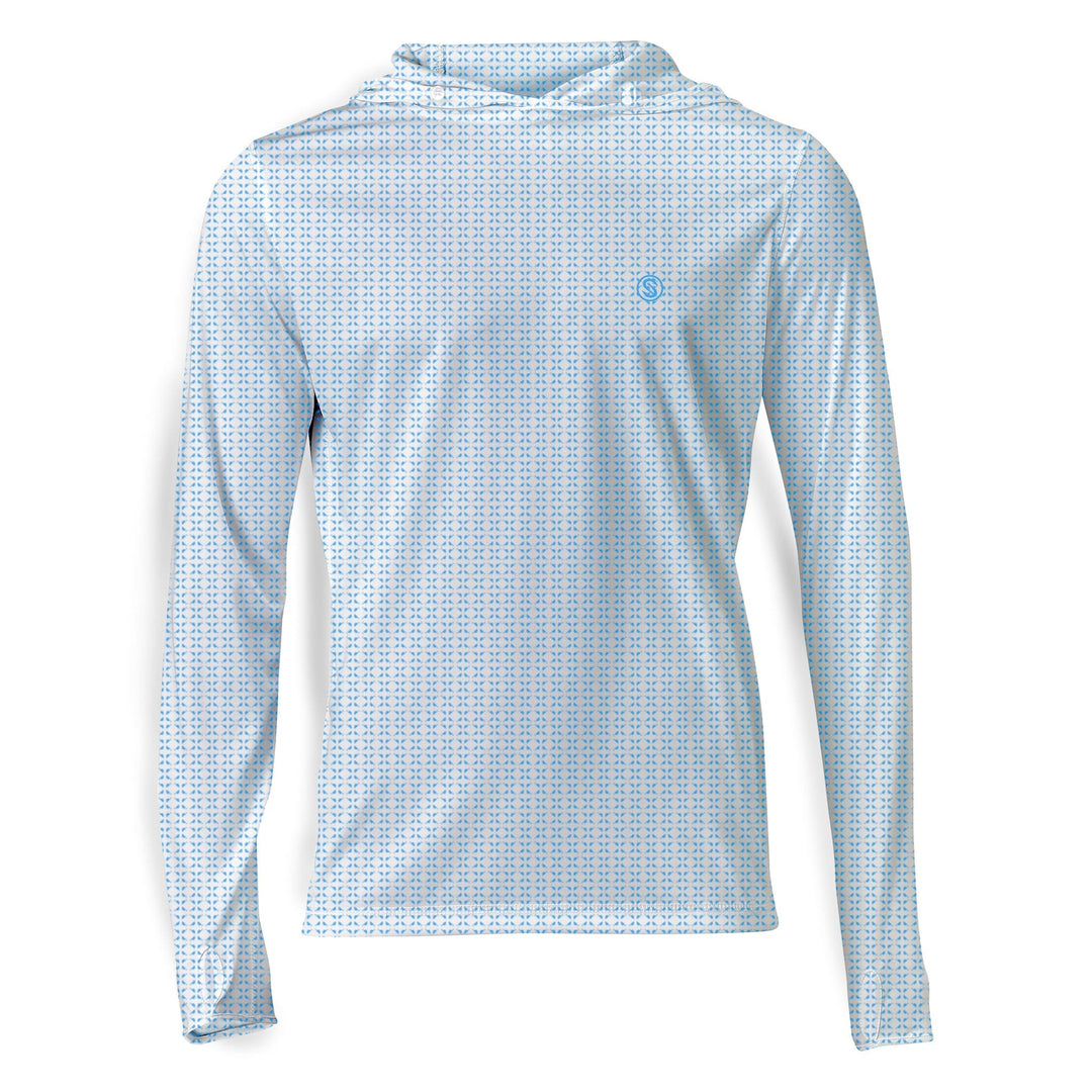 White nautical sail hooded performance long sleeve shirt by Scalesgear.com with coral accents and sail-inspired design.