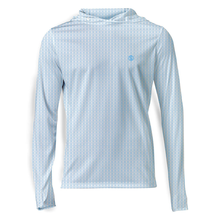 White nautical sail hooded performance long sleeve shirt by Scalesgear.com with coral accents and sail-inspired design.