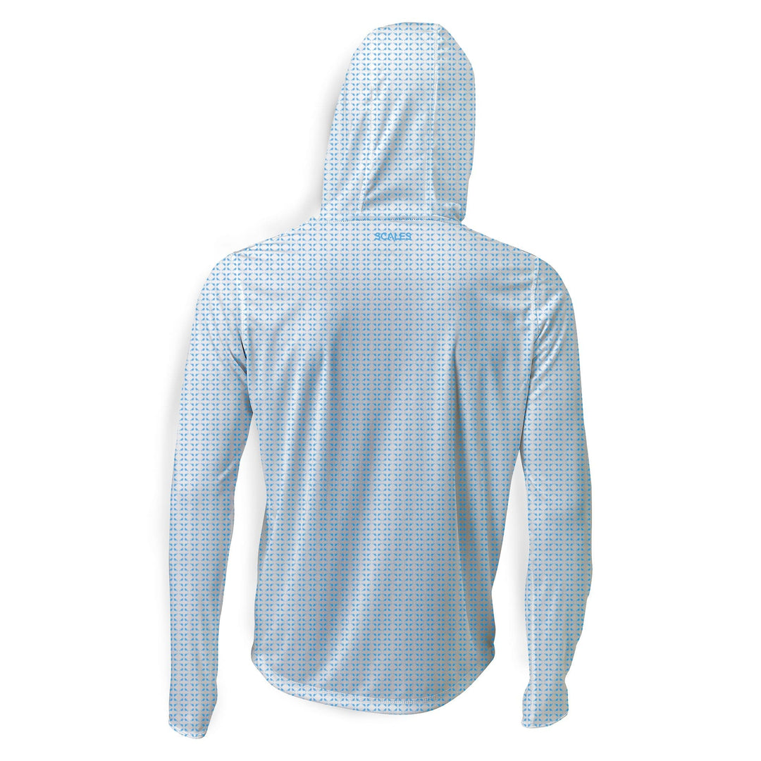 White nautical sail hooded performance long sleeve shirt by Scalesgear, featuring a coral sail design and comfortable performance fabric.