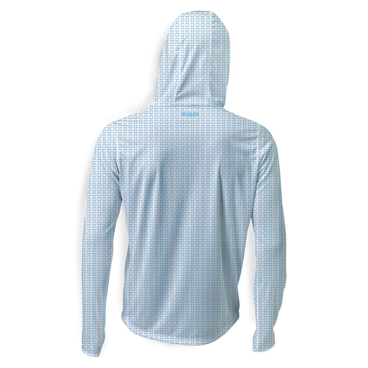 White nautical sail hooded performance long sleeve shirt by Scalesgear, featuring a coral sail design and comfortable performance fabric.