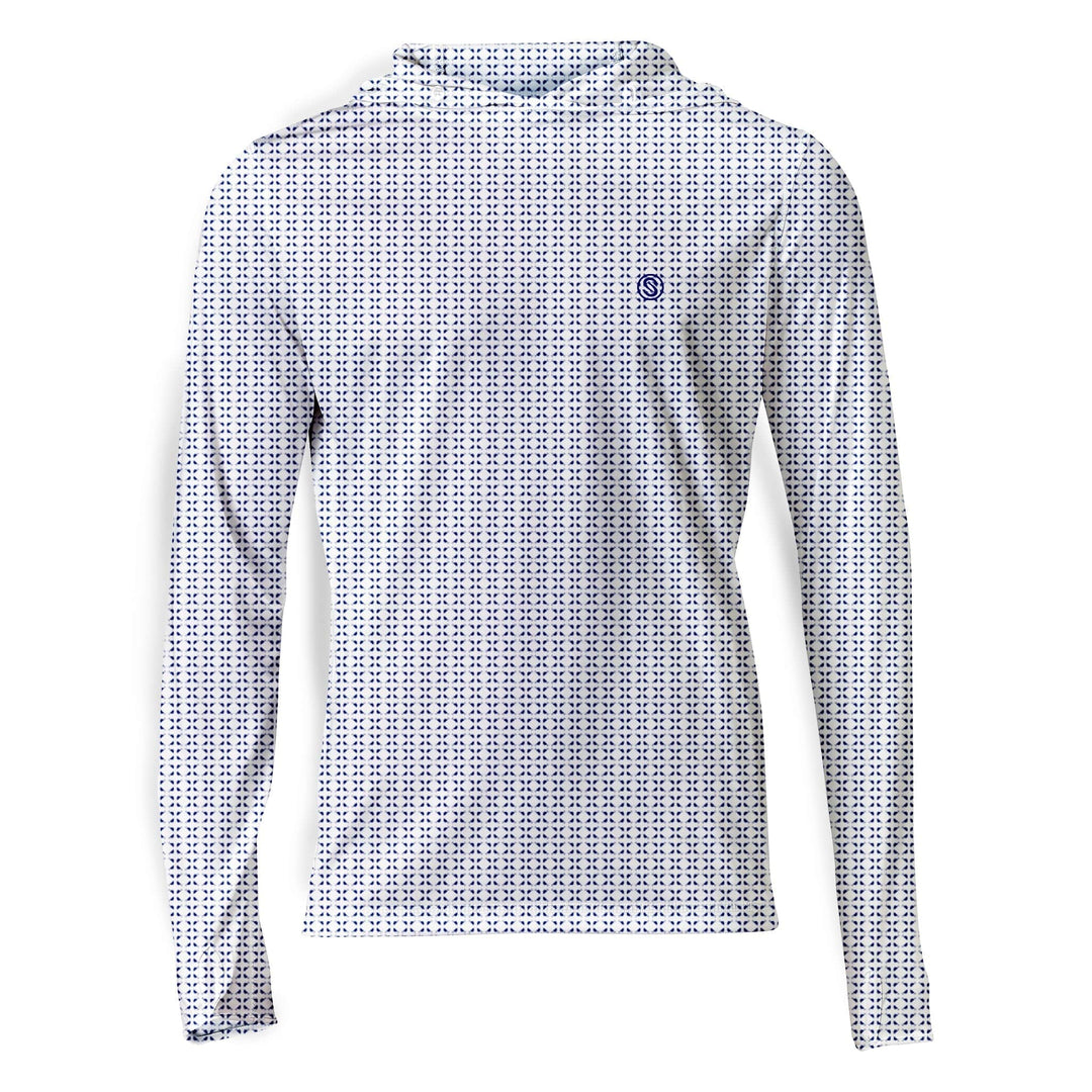White Nautical Sail hooded long sleeve performance shirt by Scalesgear.com, featuring a nautical sail design and comfortable fit.