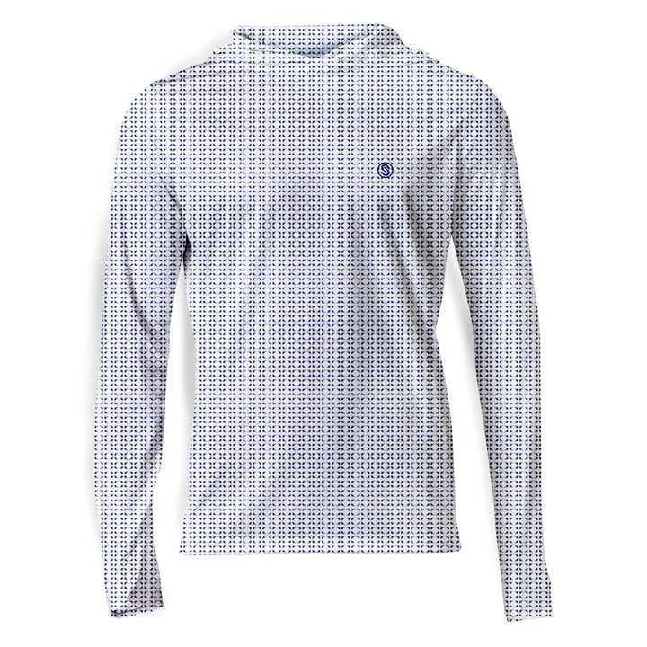White Nautical Sail hooded long sleeve performance shirt by Scalesgear.com, featuring a nautical sail design and comfortable fit.
