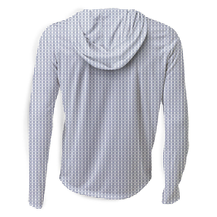 White nautical sail hooded performance long sleeve shirt by Scalesgear with coral accents, designed for active wear.