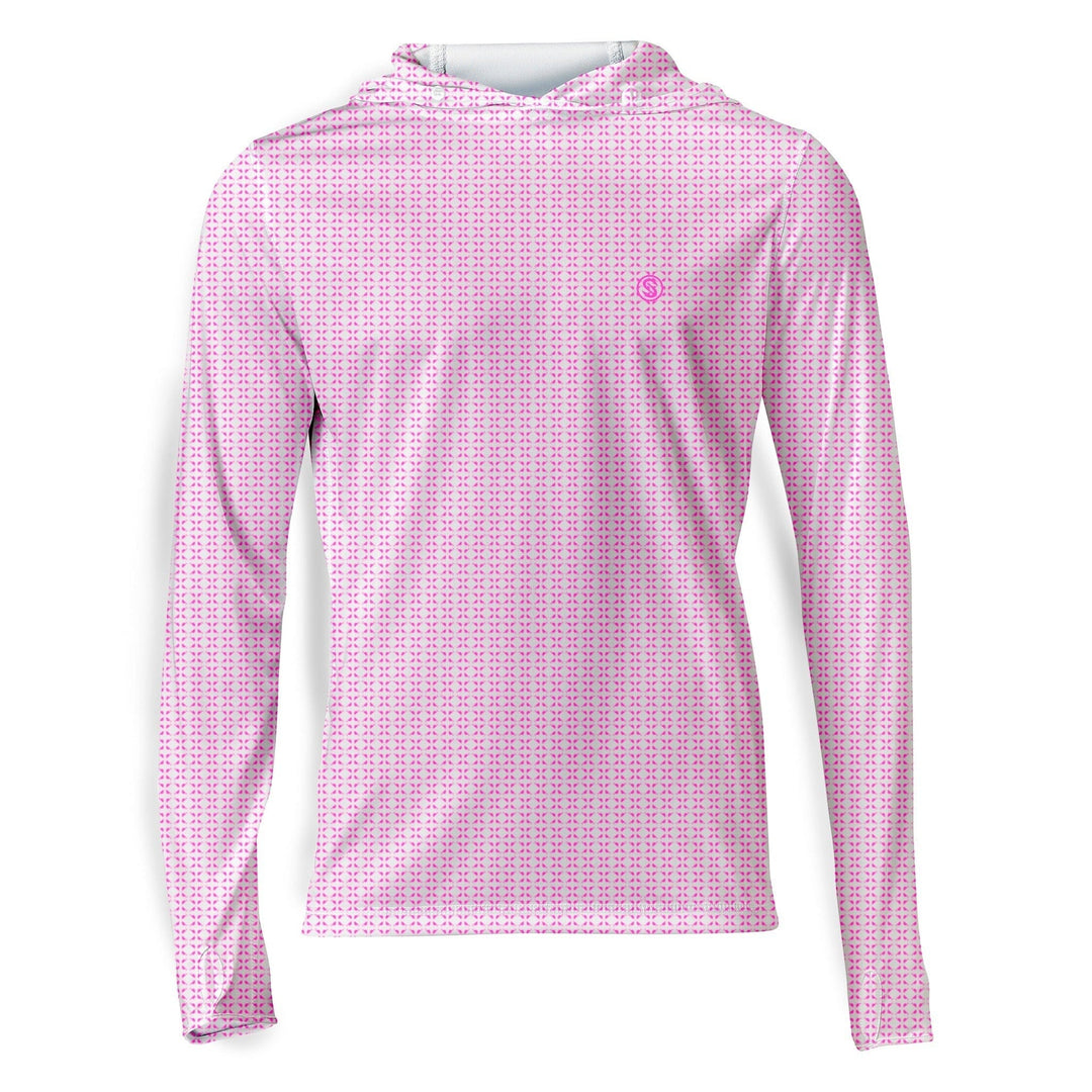 White nautical sail hooded performance long sleeve shirt by Scalesgear.com with coral accents, designed for active wear.