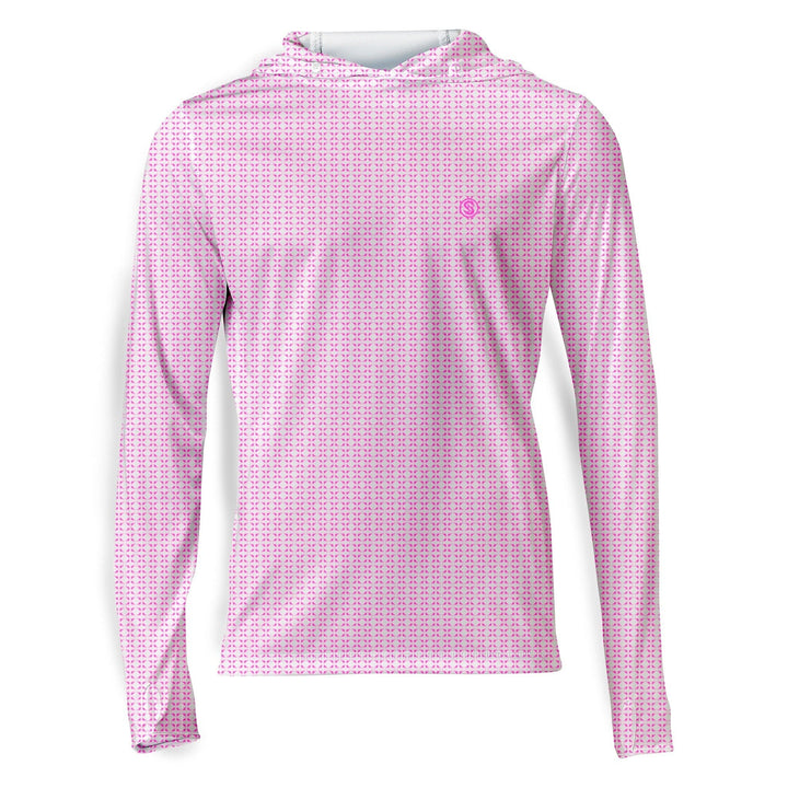 White nautical sail hooded performance long sleeve shirt by Scalesgear.com with coral accents, designed for active wear.