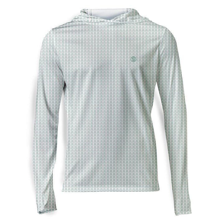 White nautical sail hooded performance long sleeve shirt by Scalesgear, featuring a stylish sailboat design and comfortable fit.