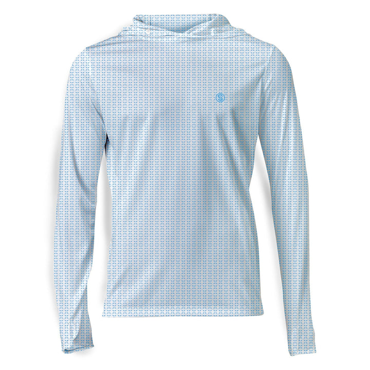 White nautical sail hooded performance long sleeve shirt from Scalesgear with coral accents, designed for active wear.