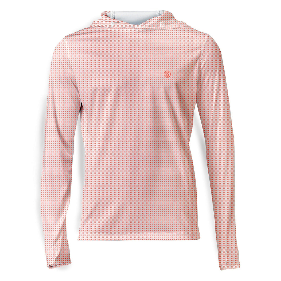 White nautical sail hooded performance long sleeve shirt by Scalesgear.com, featuring a sailboat design on the front.