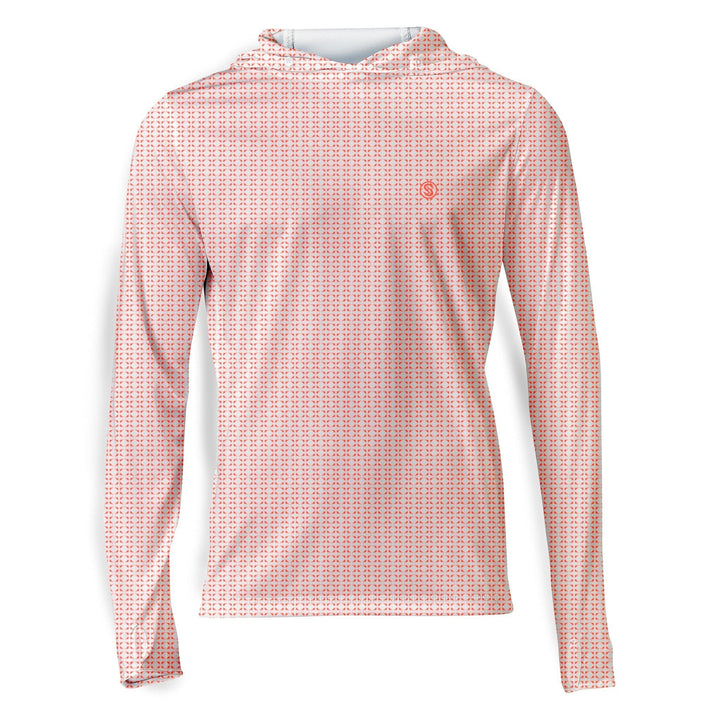 White nautical sail hooded performance long sleeve shirt by Scalesgear.com, featuring a sailboat design on the front.