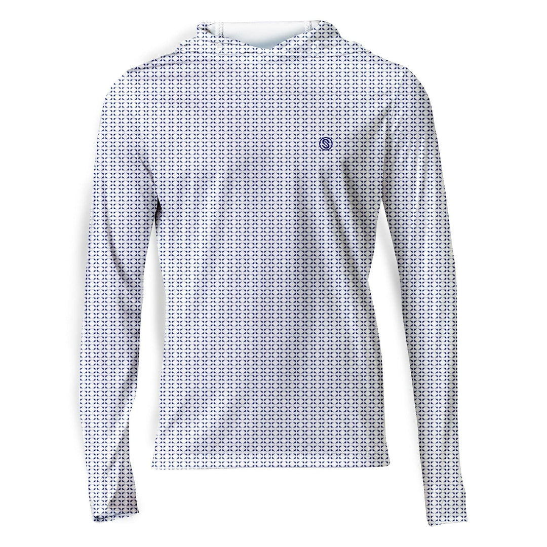 White Nautical Sail Hooded Performance Long Sleeve shirt by Scalesgear.com, featuring a sailboat design and comfortable fit.