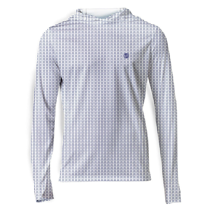 White Nautical Sail Hooded Performance Long Sleeve shirt by Scalesgear.com, featuring a sailboat design and comfortable fit.