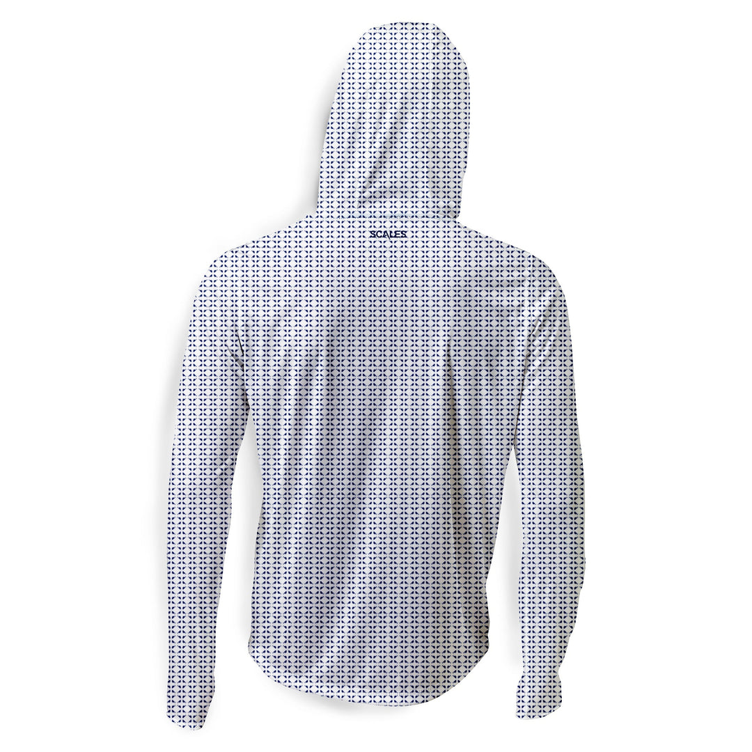 White nautical sail hooded performance long sleeve shirt by Scalesgear.com, featuring a comfortable fit and sailboat-inspired design.