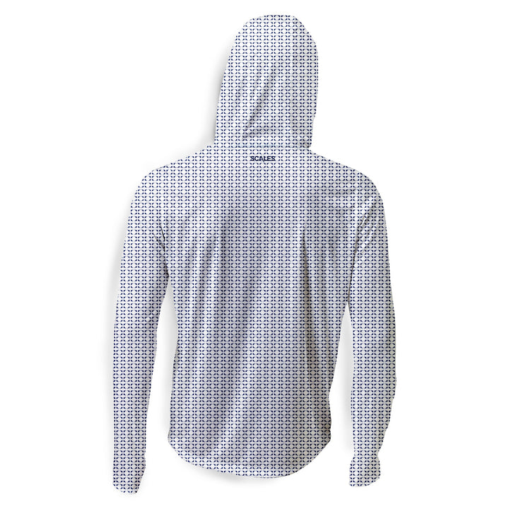 White nautical sail hooded performance long sleeve shirt by Scalesgear.com, featuring a comfortable fit and sailboat-inspired design.