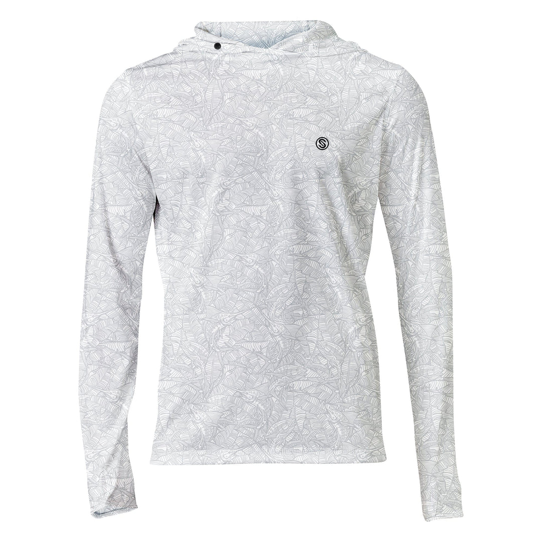 White and grey Scalesgear Banaza Hooded Performance Long Sleeve shirt with a hood and athletic fit, designed for active wear.