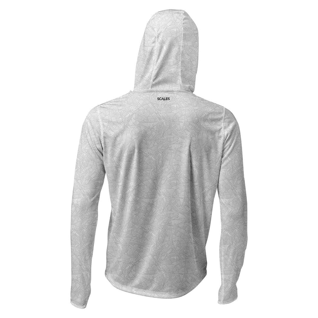 White and grey Banaza hooded performance long sleeve shirt by Scalesgear.com, featuring a comfortable hood and athletic fit.