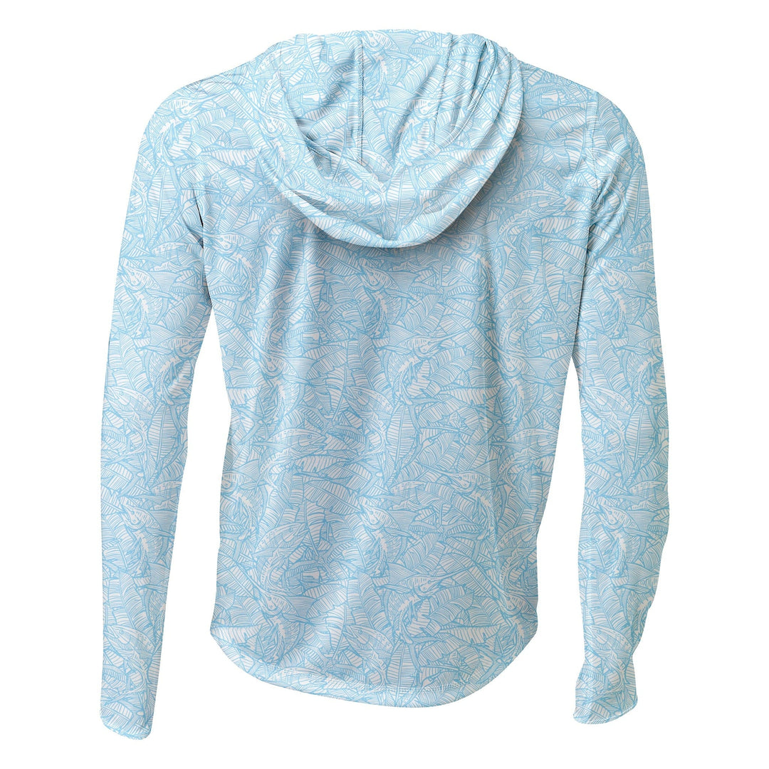 White powder blue Scalesgear.com Banaza Hooded Performance long sleeve shirt with hood and performance fabric details.