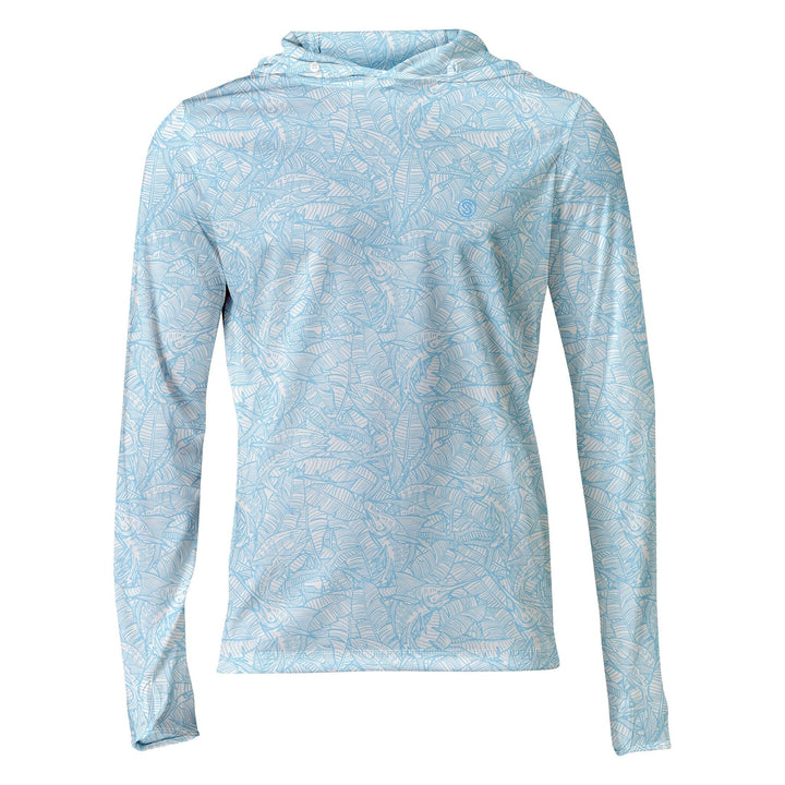 White and powder blue Scalesgear Banaza Hooded Performance Long Sleeve shirt with a hood and long sleeves.