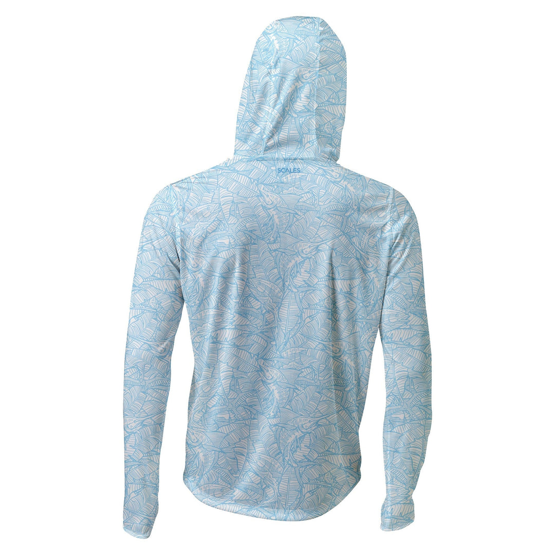 White powder blue Scalesgear.com Banaza Hooded Performance Long Sleeve shirt with a hood and long sleeves, displayed flat.