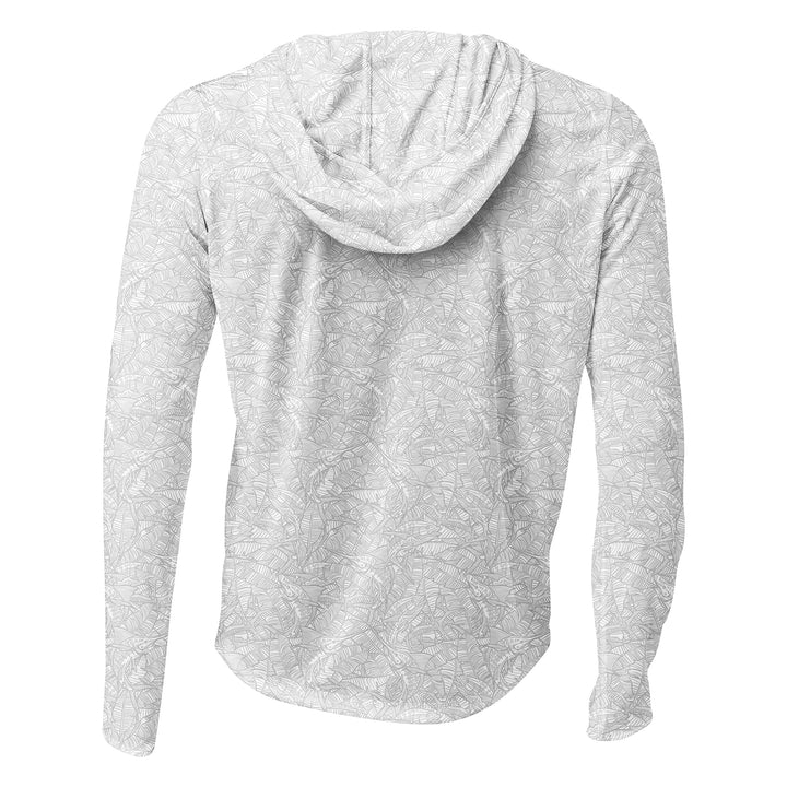 White and grey Scalesgear Banaza Hooded Performance Long Sleeve shirt displayed on a hanger.