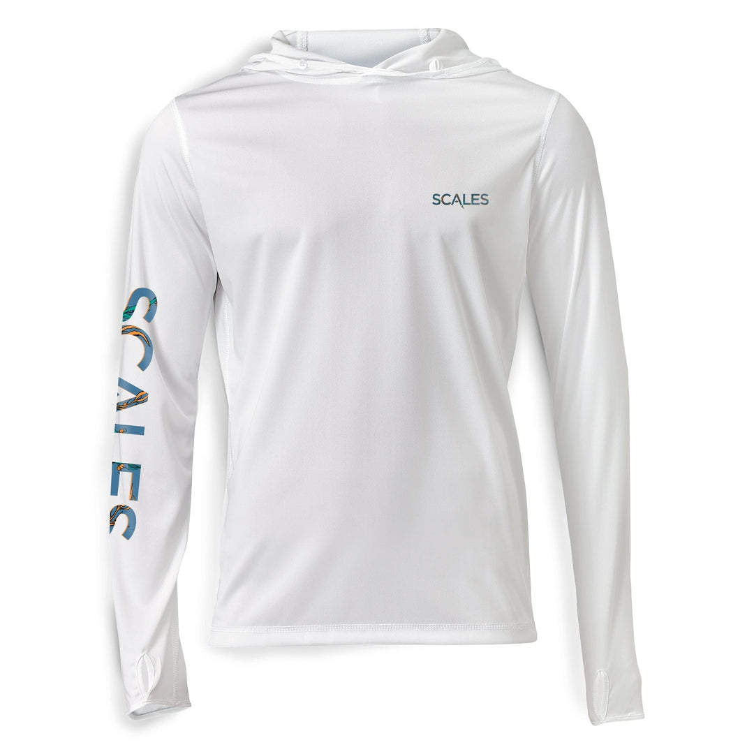 White Scalesgear Dorado Hooded Performance long sleeve shirt with hood and performance fabric, designed for active wear.