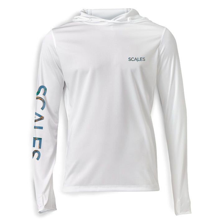 White Scalesgear Dorado Hooded Performance long sleeve shirt with hood and performance fabric, designed for active wear.
