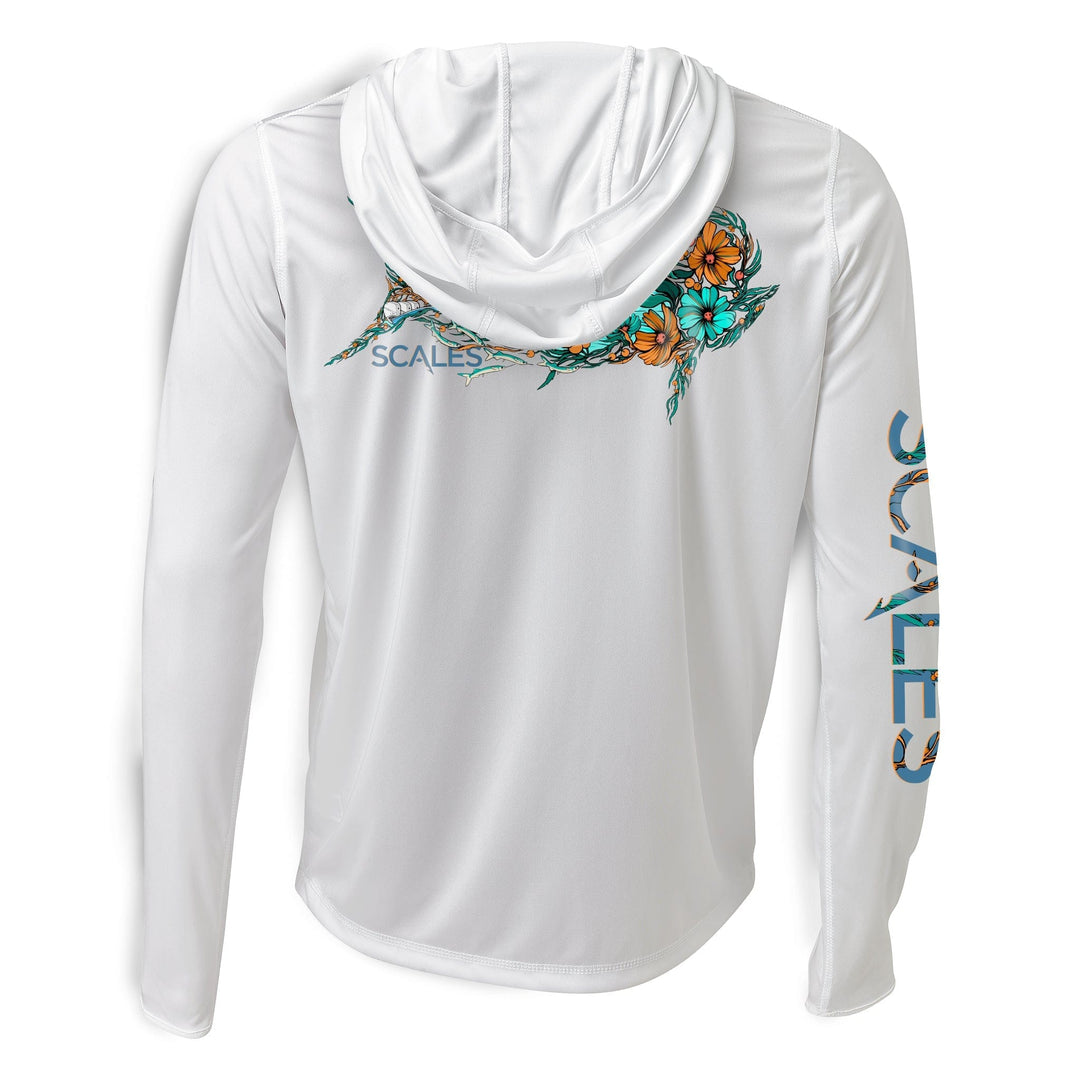 White Dorado Hooded Performance long sleeve shirt from Scalesgear, featuring a comfortable hood and performance fabric for active wear.