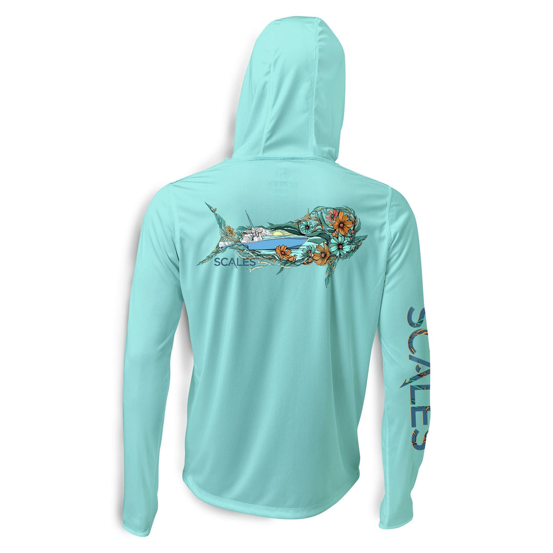 White Dorado Hooded Performance long sleeve shirt by Scalesgear.com, featuring a comfortable hood and performance fabric.