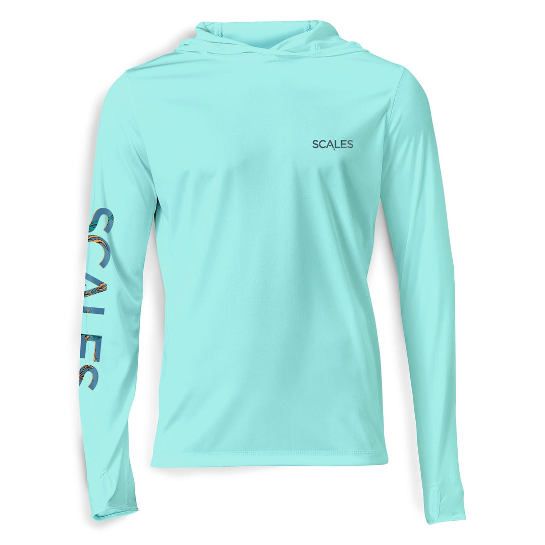 White Dorado Hooded Performance long sleeve shirt by Scalesgear.com, featuring a comfortable hood and athletic fit.