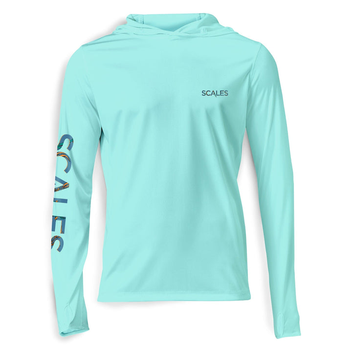 White Dorado Hooded Performance long sleeve shirt by Scalesgear.com, featuring a comfortable hood and athletic fit.