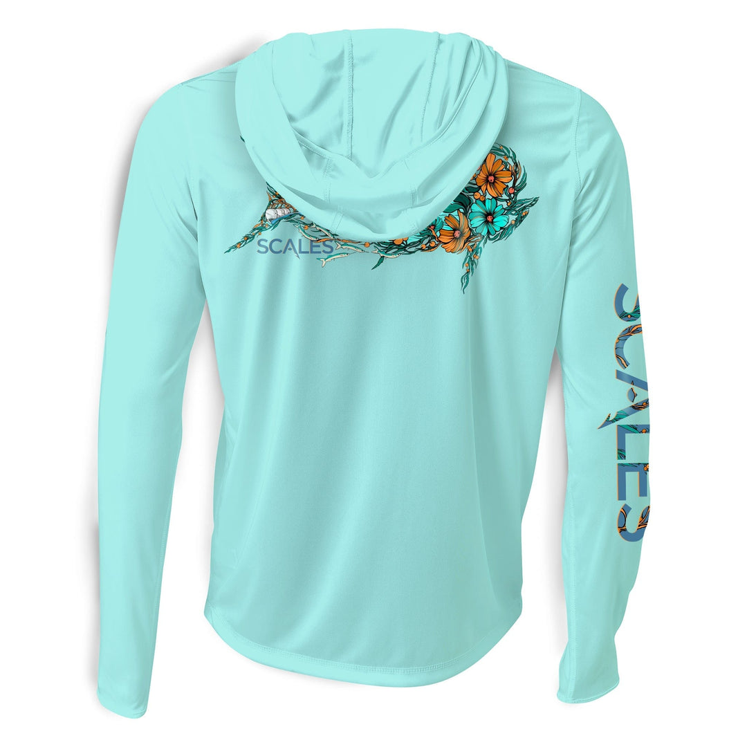 White Dorado Hooded Performance long sleeve shirt by Scalesgear.com, featuring a comfortable fit and performance fabric.