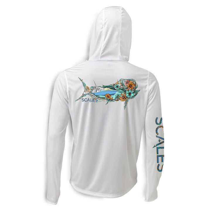 White Dorado Hooded Performance long sleeve shirt by Scalesgear.com, featuring a performance-fit with a hood and long sleeves.
