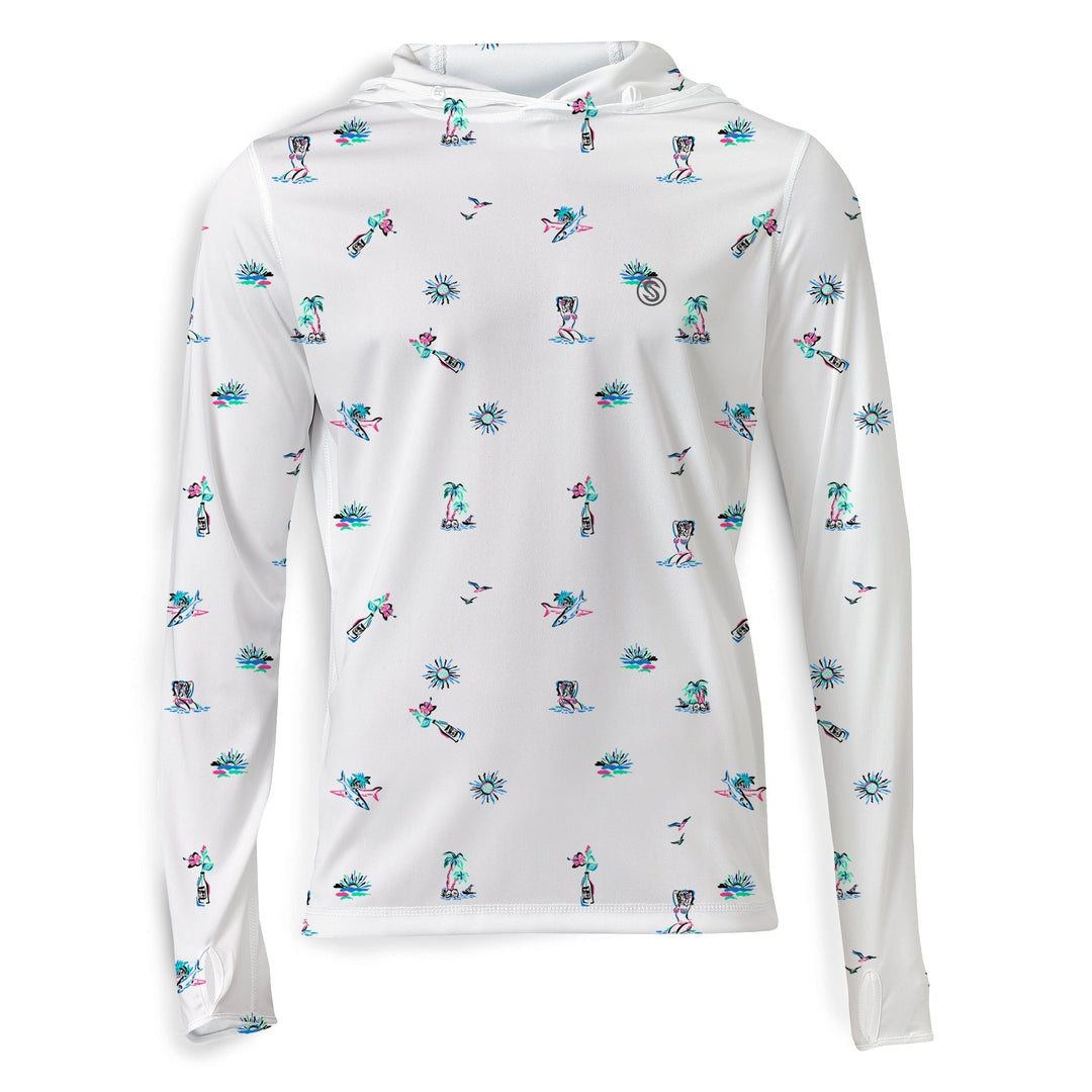 White Scalesgear Performance Hooded Long Sleeve shirt with surf and slay graphic, designed for active, stylish wear