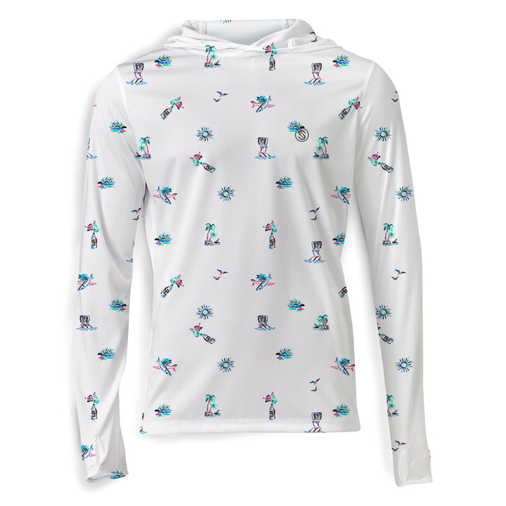 White Scalesgear Performance Hooded Long Sleeve shirt with surf and slay graphic, designed for active, stylish wear