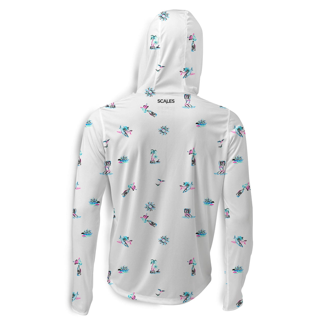 White Surf & Slay hooded long sleeve performance shirt by Scalesgear.com, featuring a comfortable fit and surf-inspired design.