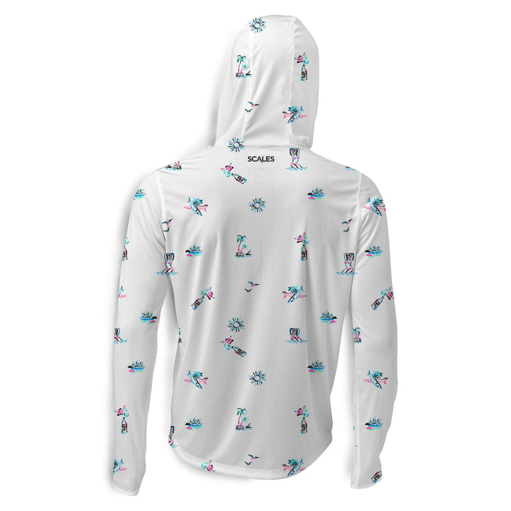 White Surf & Slay hooded long sleeve performance shirt by Scalesgear.com, featuring a comfortable fit and surf-inspired design.