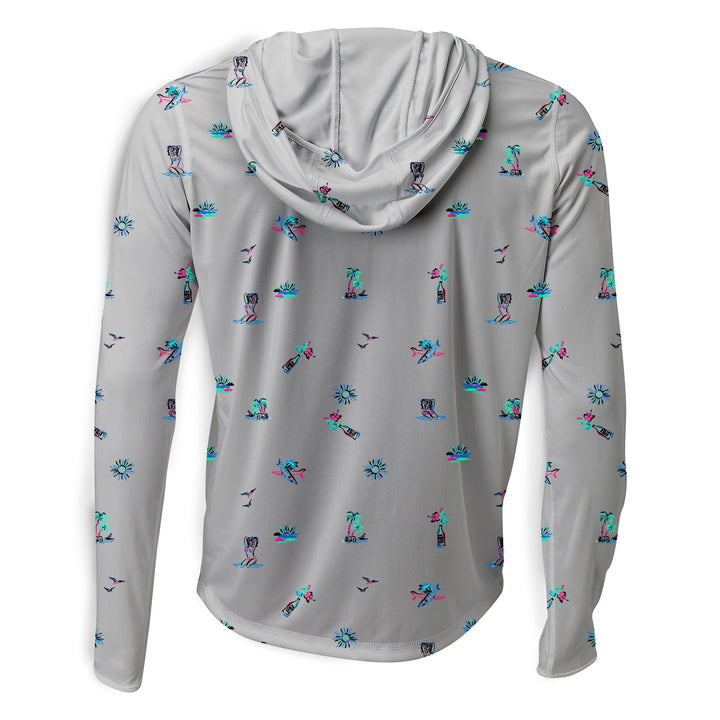 White Surf & Slay Hooded Performance long sleeve shirt by Scalesgear.com, featuring a hood and performance fabric.