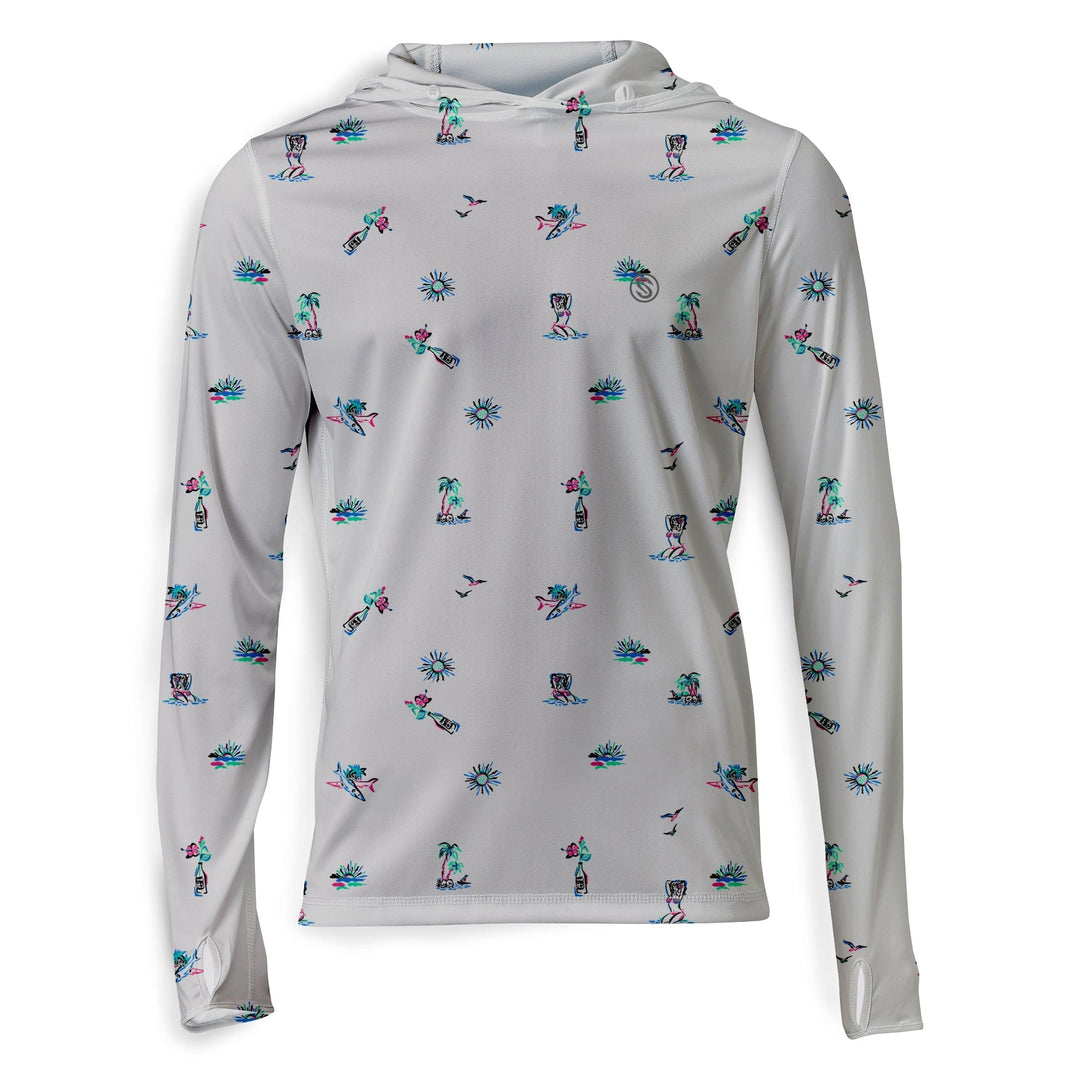 White Surf & Slay hooded performance long sleeve shirt by Scalesgear.com, featuring a comfortable hood and long sleeve design.