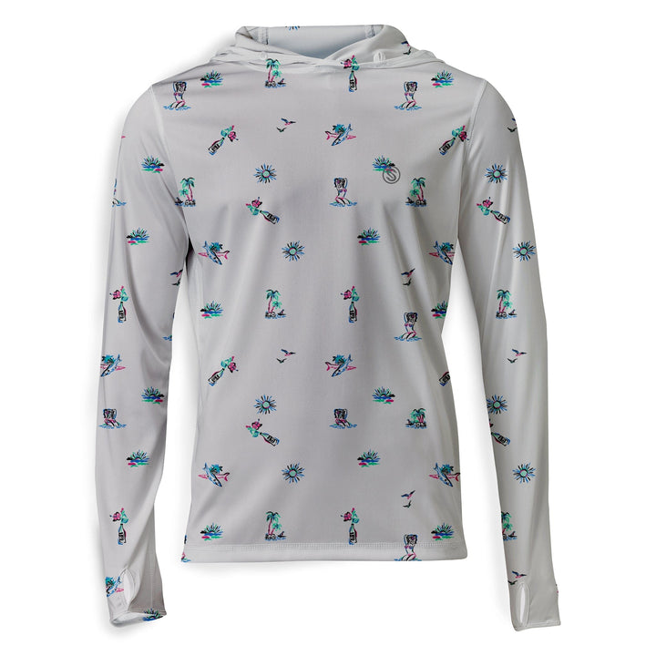 White Surf & Slay hooded performance long sleeve shirt by Scalesgear.com, featuring a comfortable hood and long sleeve design.