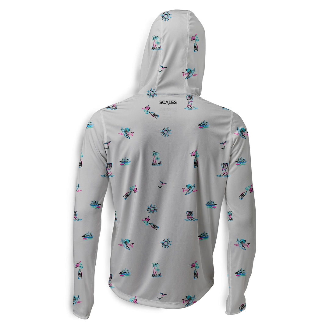 White Surf & Slay Hooded Performance long sleeve shirt by Scalesgear, featuring a hood and lightweight, breathable fabric for active wear.