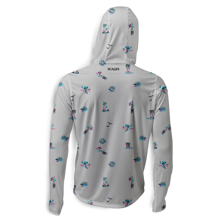White Surf & Slay Hooded Performance long sleeve shirt by Scalesgear, featuring a hood and lightweight, breathable fabric for active wear.