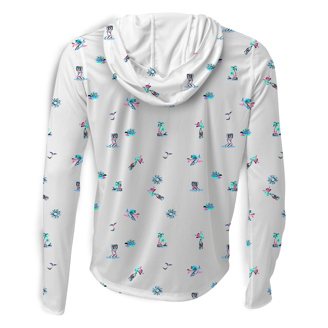 White Surf & Slay hooded long sleeve performance shirt by Scalesgear.com, shown with a hood and long sleeves for active wear.