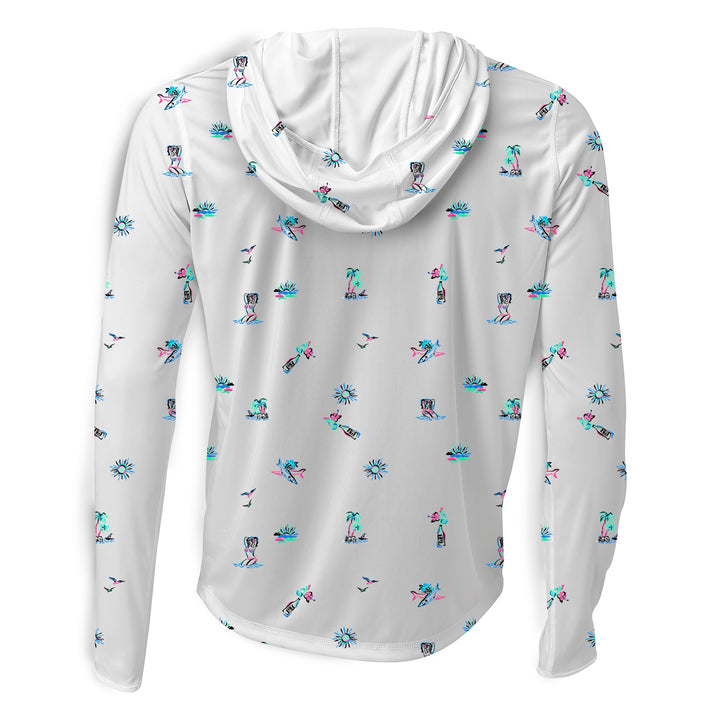 White Surf & Slay hooded long sleeve performance shirt by Scalesgear.com, shown with a hood and long sleeves for active wear.