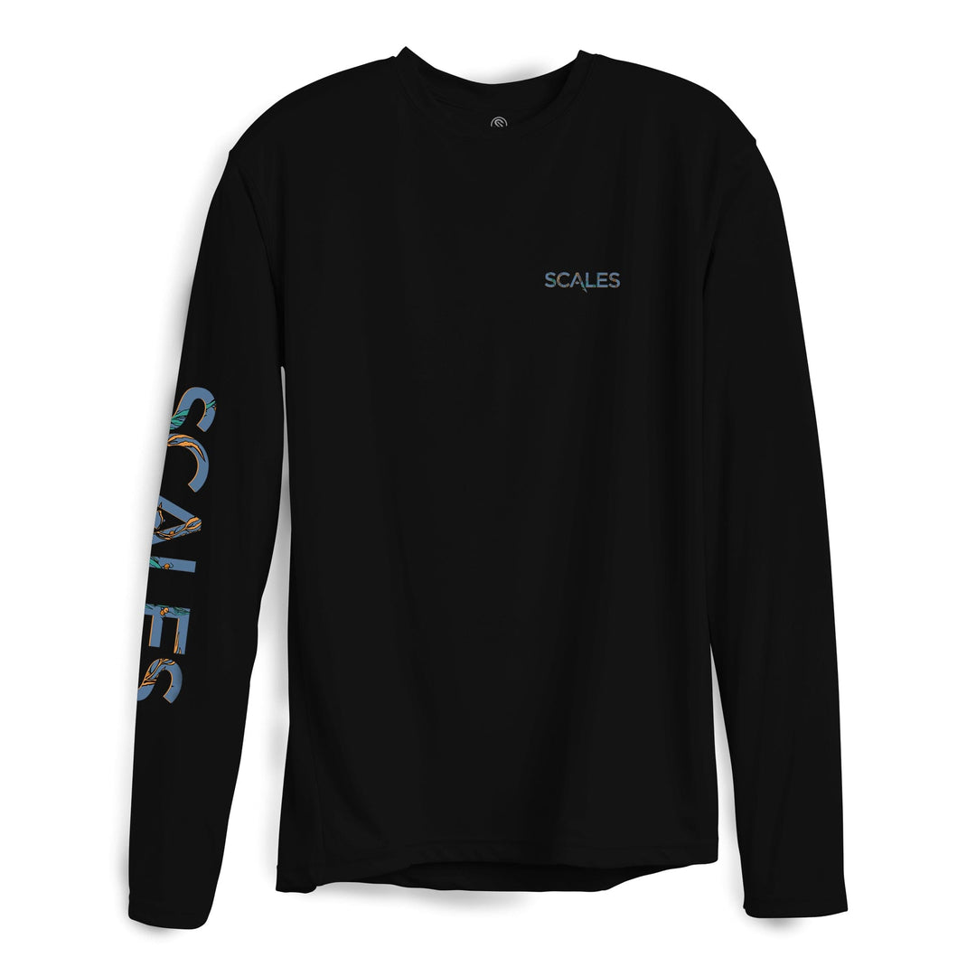 Black Scalesgear Dorado L/S Performance long sleeve tee with moisture-wicking fabric and athletic fit, shown on a model.