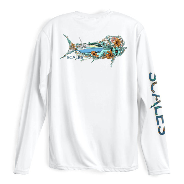 White Dorado L/S Performance long sleeve tee by Scalesgear.com, featuring a sleek, fitted design with performance fabric.